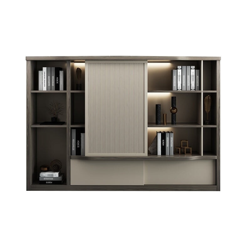 役員用キャビネット 高級感 オフィスキャビネット ファイリングキャビネット 木製書庫 書類整理棚 メラミン化粧板 ルーバー風引き戸 分類収納 重厚感 ハイグレード感 ブラウン SC-A14