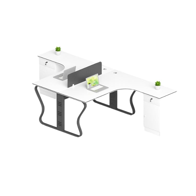 L-shaped desk for office, simple and modern, suitable for multiple people, steel legs, L-shaped legs, side cabinet, lock, cylinder lock, wiring duct, baked finish, white, customizable, OD-A2