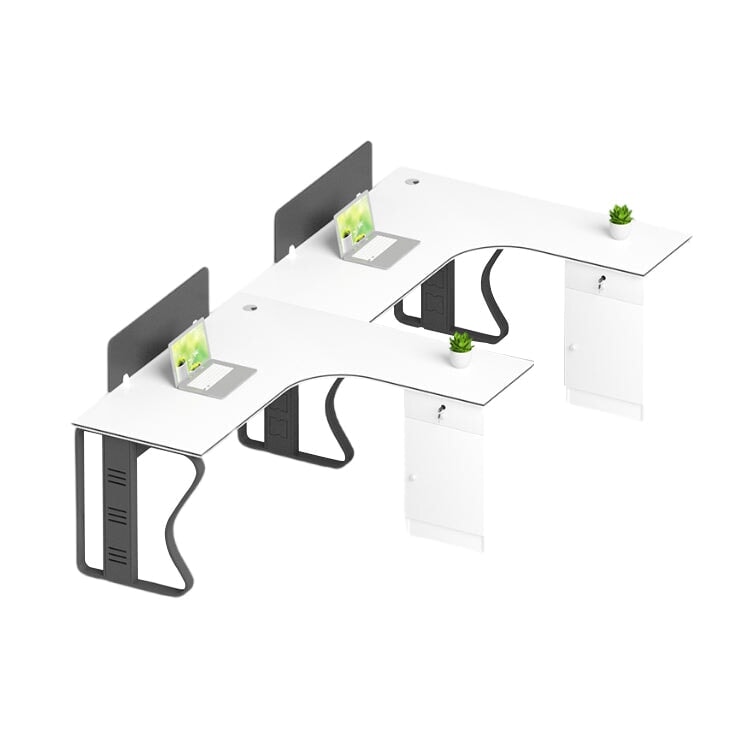 L-shaped desk for office, simple and modern, suitable for multiple people, steel legs, L-shaped legs, side cabinet, lock, cylinder lock, wiring duct, baked finish, white, customizable, OD-A2
