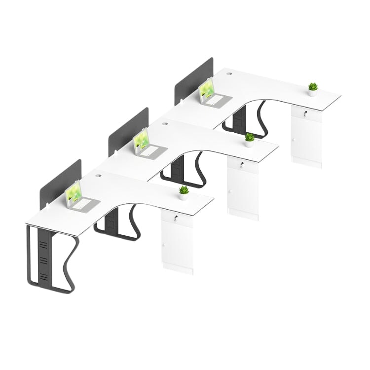 L-shaped desk for office, simple and modern, suitable for multiple people, steel legs, L-shaped legs, side cabinet, lock, cylinder lock, wiring duct, baked finish, white, customizable, OD-A2