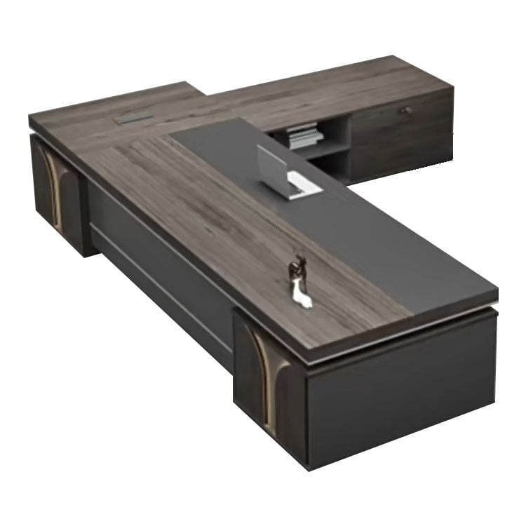 Office Desk, Executive Desk, President Desk, Melamine Veneer, Side Cabinet, Combination Lock, Chic Atmosphere, With Back Panel, Gray, Customizable, ED-A10