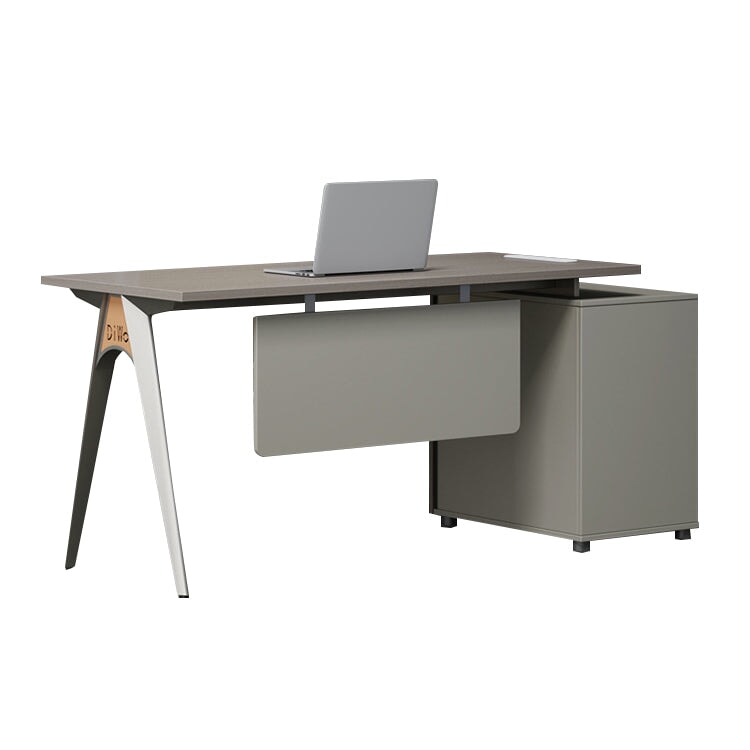 Office Table, Office Desk, Executive Desk, President Desk, Steel Legs, V-Shaped Structure, Skirting Board, Side Cabinet, Melamine Laminated Board, Multi-Purpose Tabletop Outlet, Gray, Customizable, ED-A15