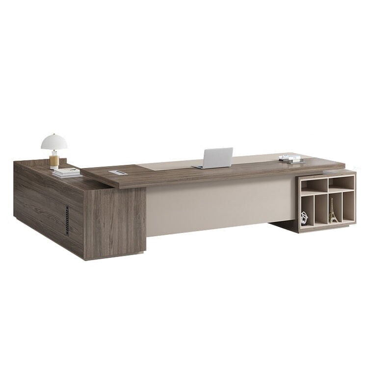 Office Desk, Luxurious, Executive Desk, President Desk, Side Cabinet, Melamine Veneer, PVC Edge Band, Wiring Box, PC Vent, Brown, ED-A18