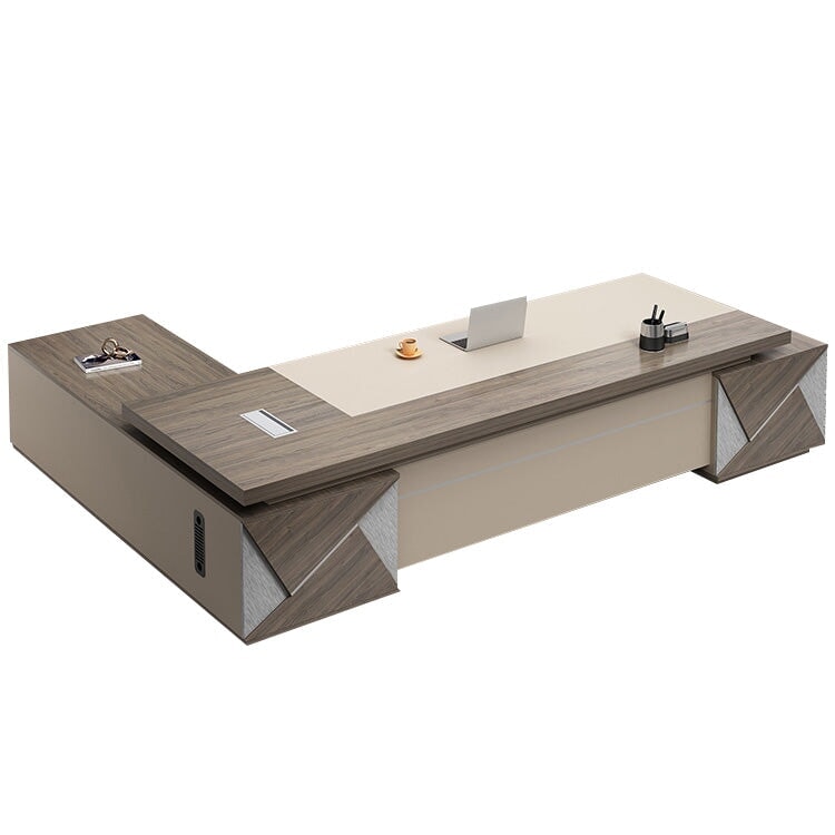 President's Desk, Luxury Executive Desk, President Desk, Melamine Veneer, Two-tone Design, Wood Grain, Side Cabinet, Dial Lock, PC Vent, Customizable, ED-A11