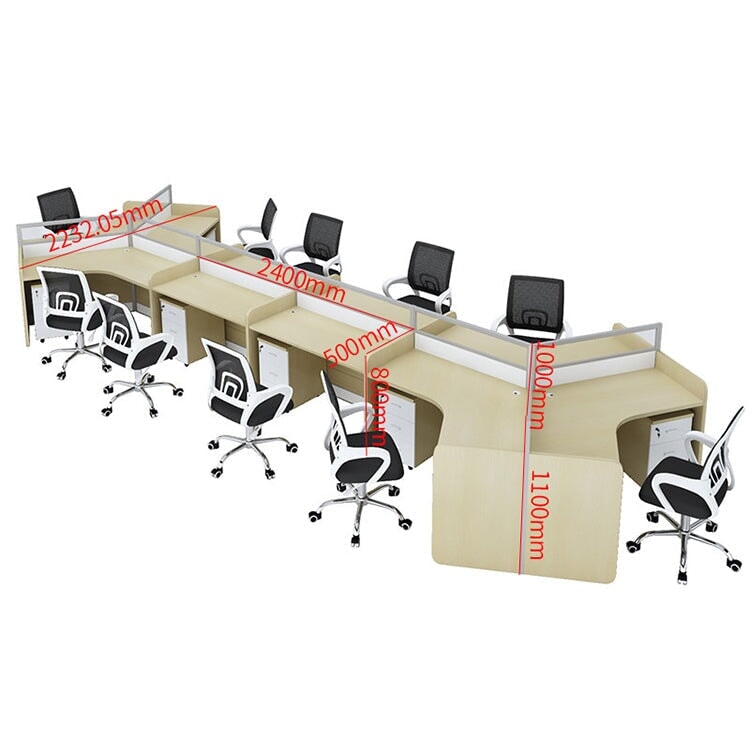 Stylish office desk, suitable for multiple people, V-shaped top, with partition, melamine laminate, aluminum alloy frame, wiring hole, maple white, customizable OD-A3