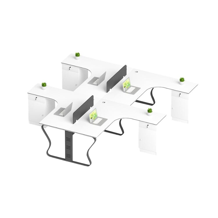 L-shaped desk for office, simple and modern, suitable for multiple people, steel legs, L-shaped legs, side cabinet, lock, cylinder lock, wiring duct, baked finish, white, customizable, OD-A2