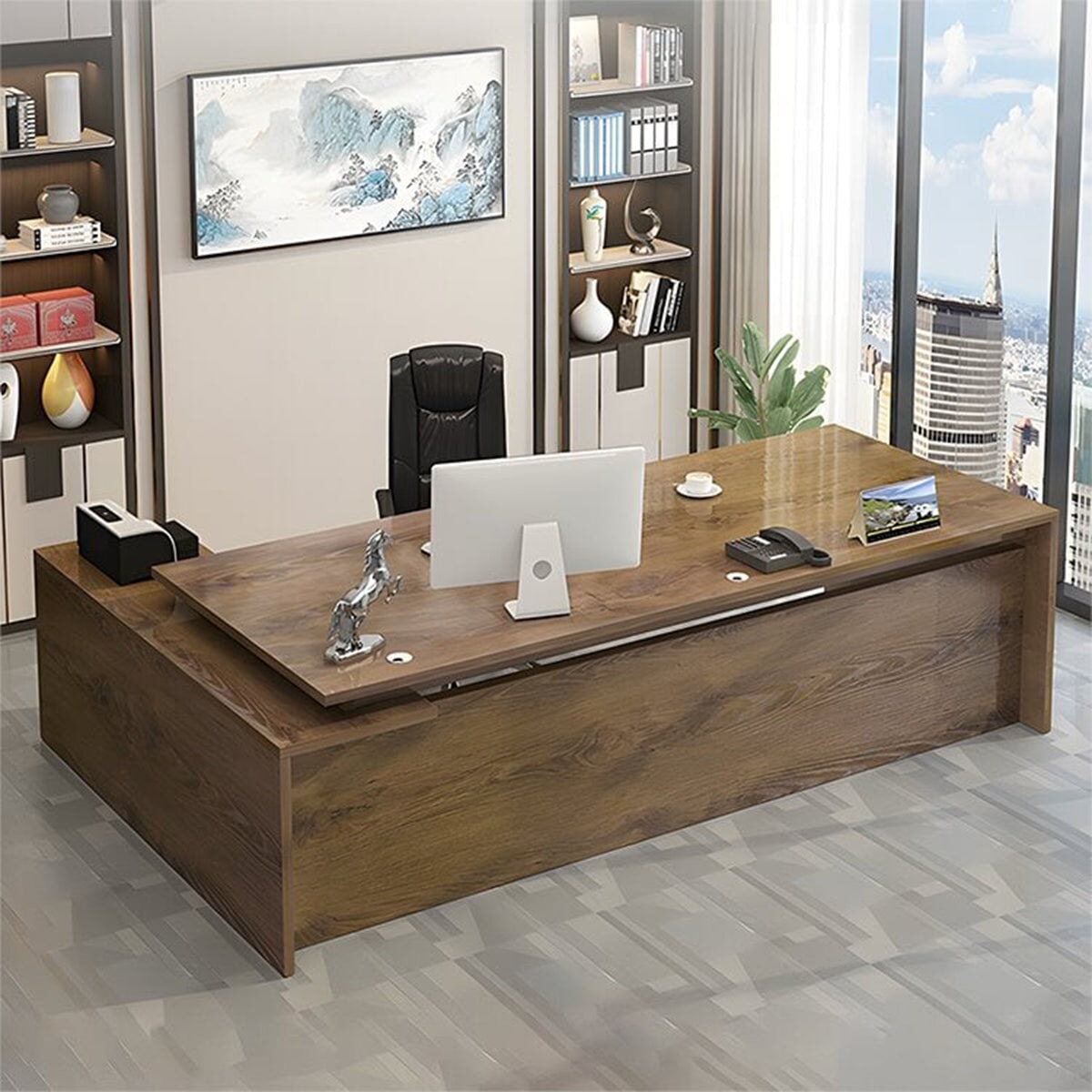 エグゼクティブデスク 社長机 ワークデスク 木目調 扉付き プリンター収納 配線孔付き 広い天板 シンプル ブラック ED-A6