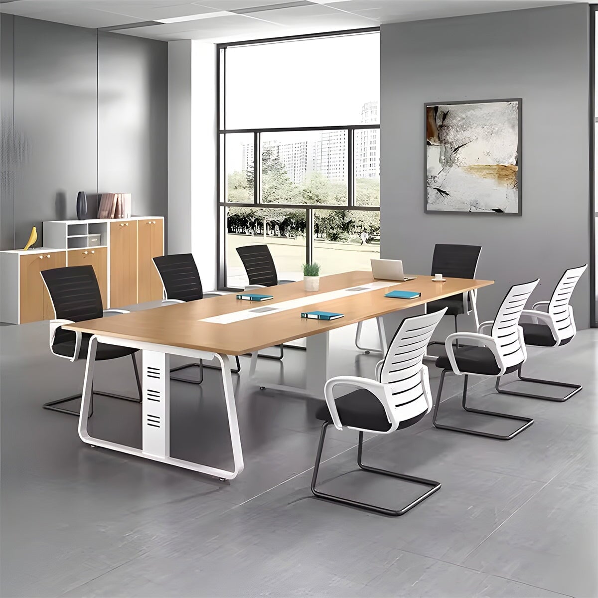 モダン シンプル 堅牢 頑丈 エコ 配線ボックス 会議テーブル ミーティングテーブル メラミン化粧板 スチール ナチュラル カスタマイズ可能 MT-A21