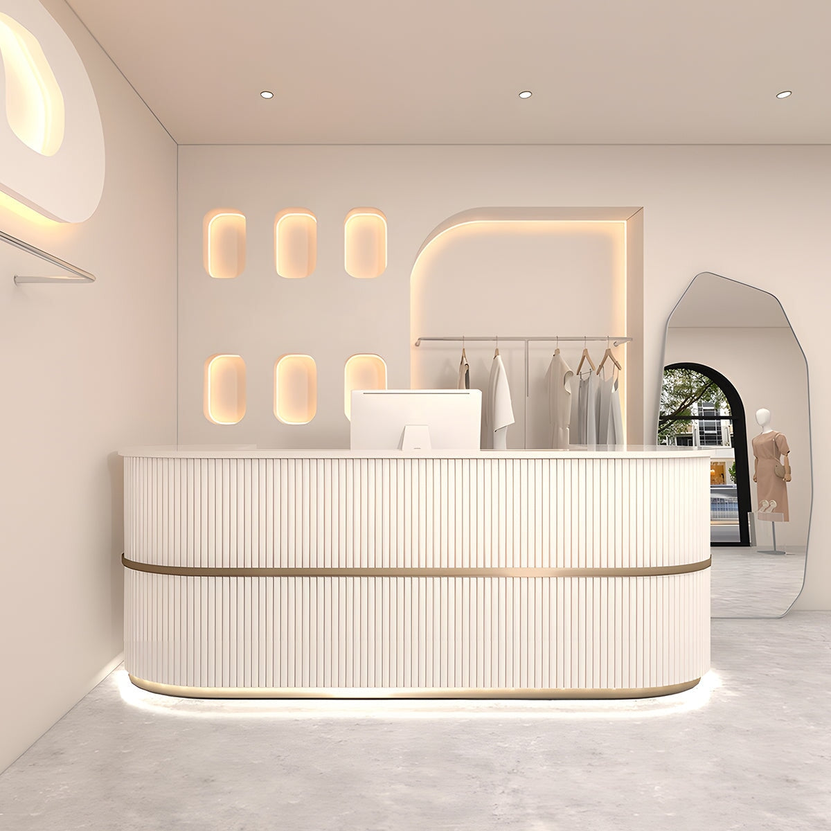 エントランス受付台 レジ台 ルーバー風装飾 焼付ワニス塗装 ロゴ入れ可能 長持ちしやすい カジュアル カーキ カスタマイズ可能 RD-A57