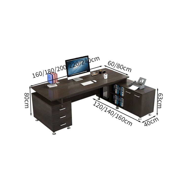 Work Desk, Office Desk, Executive Desk, L-Shaped Desk, Wood Grain, Large Capacity Storage, Cabinet Included, Skirt Panel Included, Lock Included, Black, Customizable ED-A5
