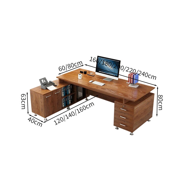 Work Desk, Office Desk, Executive Desk, L-Shaped Desk, Wood Grain, Large Capacity Storage, Cabinet Included, Skirt Panel Included, Lock Included, Black, Customizable ED-A5