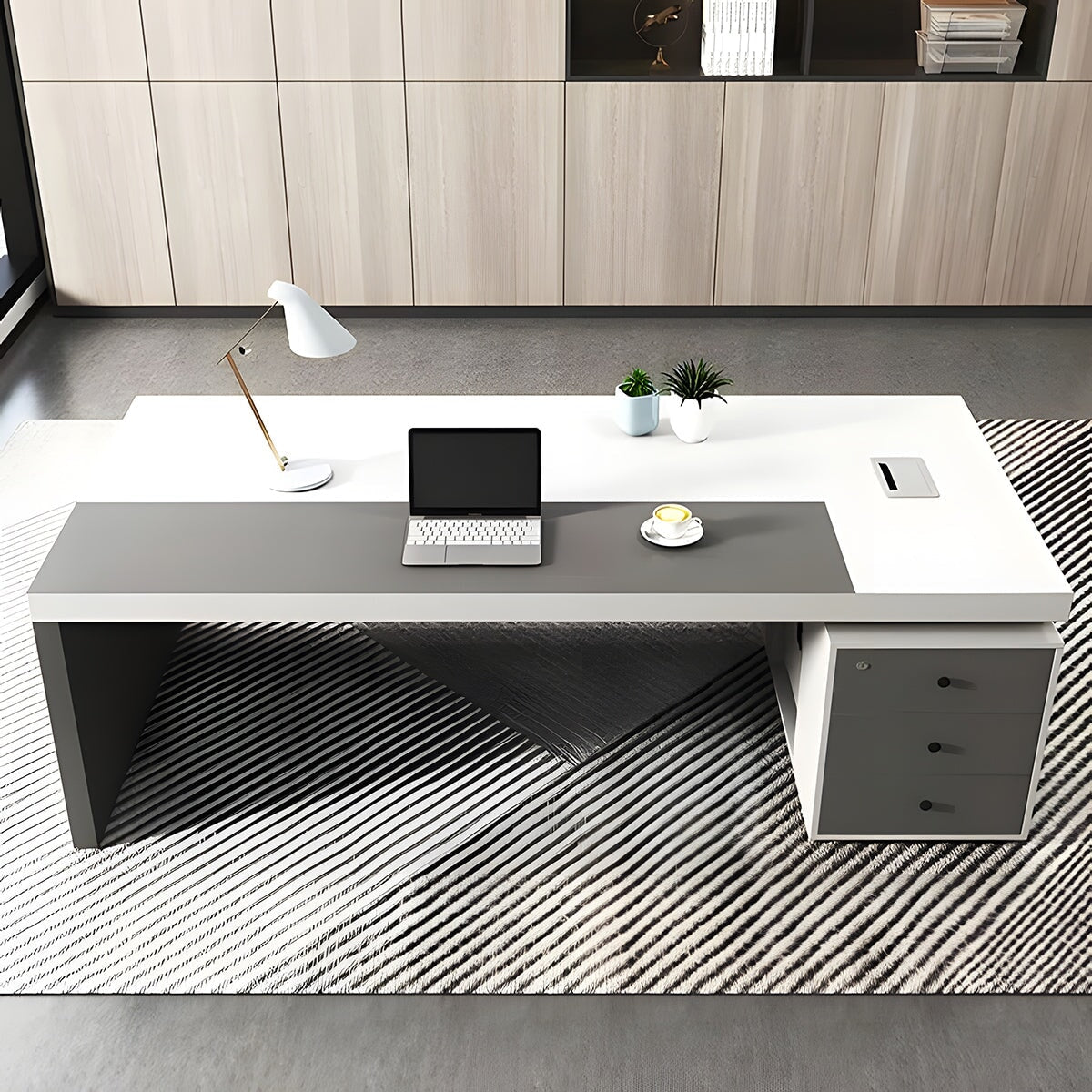 エグゼクティブ デスク 役員デスク 役員家具 引出し付き PC収納 シリンダー錠付き 幕板付き 配線ボックス付き シンプル グレー ED-A3