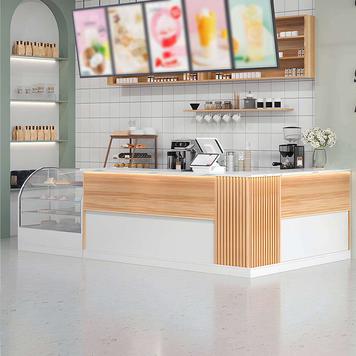 カフェ受付カウンター 受付台 エントランス受付 店舗用 接待用 木目調 