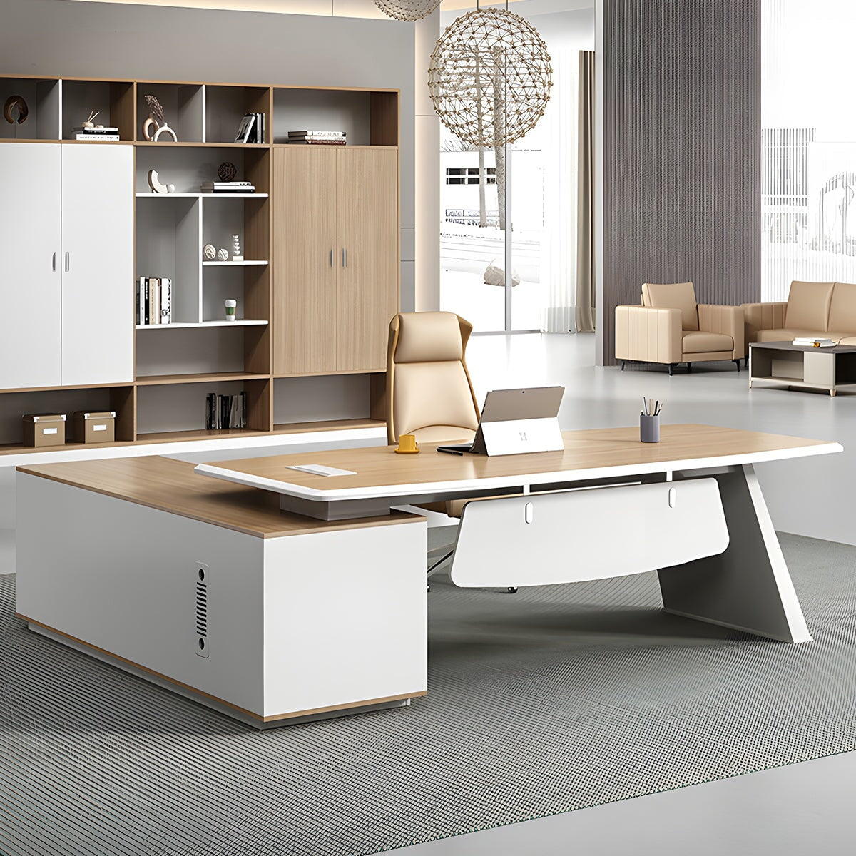 役員用 デスク ワークデスク オフィスデスク 社長机 舟形天板 配線ボックス付き ダイヤル錠付き 扉付き収納 PC収納 シンプル ナチュラル