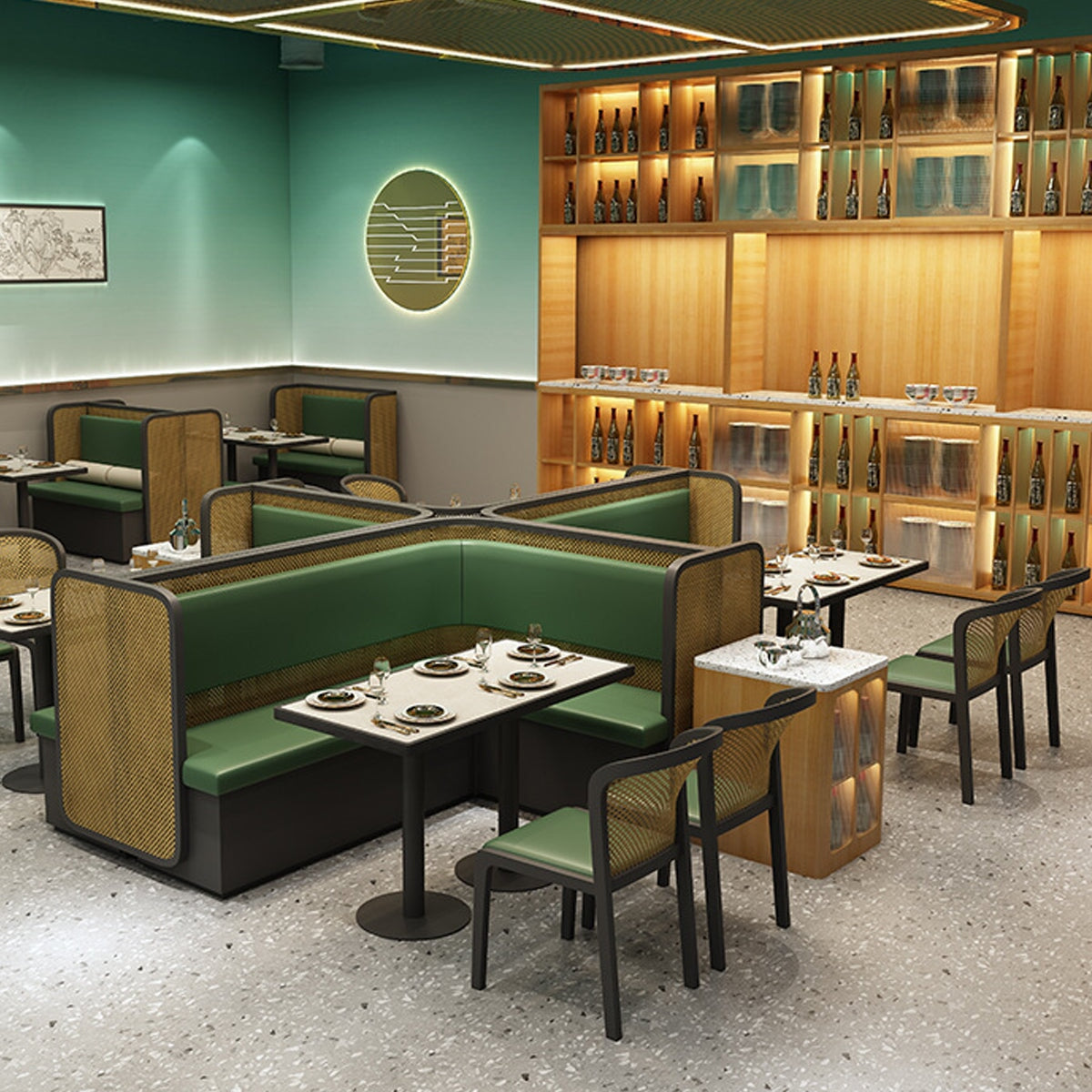 レストラン応接ソファセット PVCレザー生地 高密度ウレタンフォーム アンティーク調 店舗用什器 飲食店 グリーン カスタマイズ可能 CT-A17