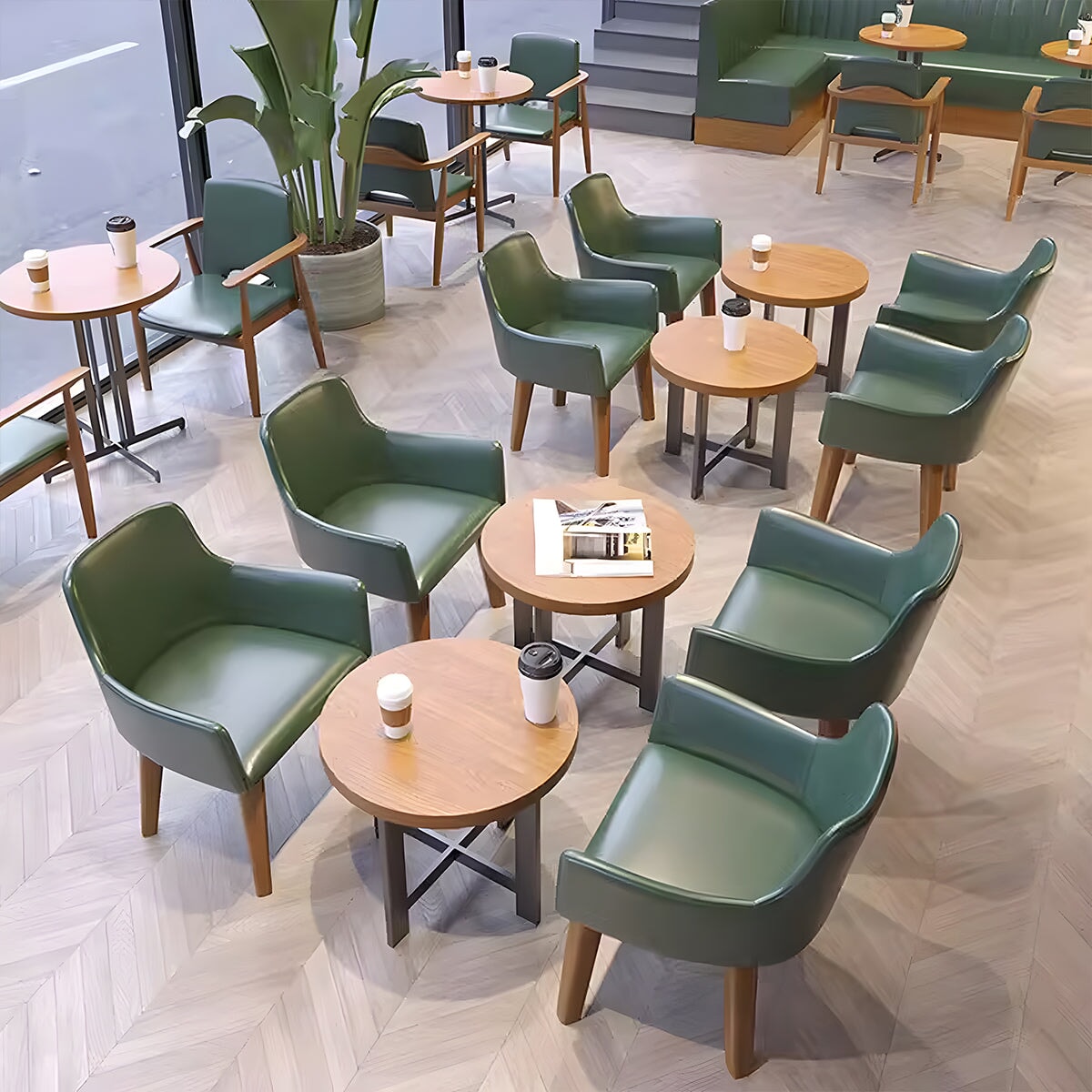 カフェ応接セット 丸テーブル ラウンジチェア PVCレザー生地 高密度ウレタンフォーム お手入れ簡単 シンプルモダン 店舗用什器 店舗用家具 グリーン カスタマイズ可能 CT-A27