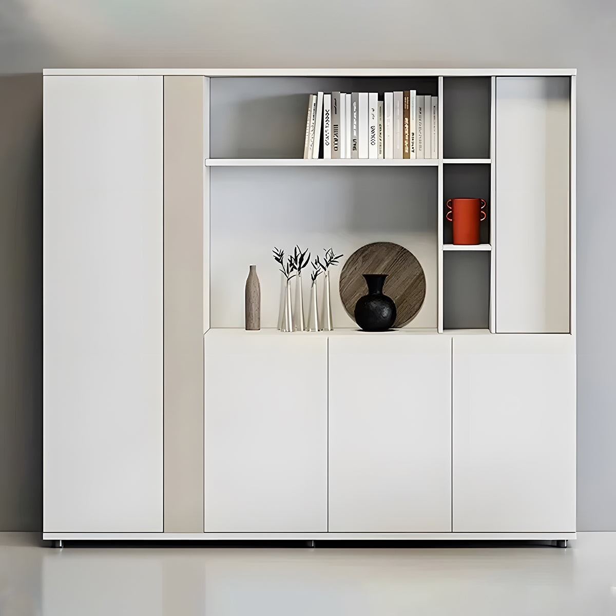 キャビネット ワードローブ付き オフィスキャビネット ファイリングキャビネット 木製書庫 書類整理棚 分類収納 メラミン化粧板 アジャスター ホワイト カスタマイズ可能 SC-A13