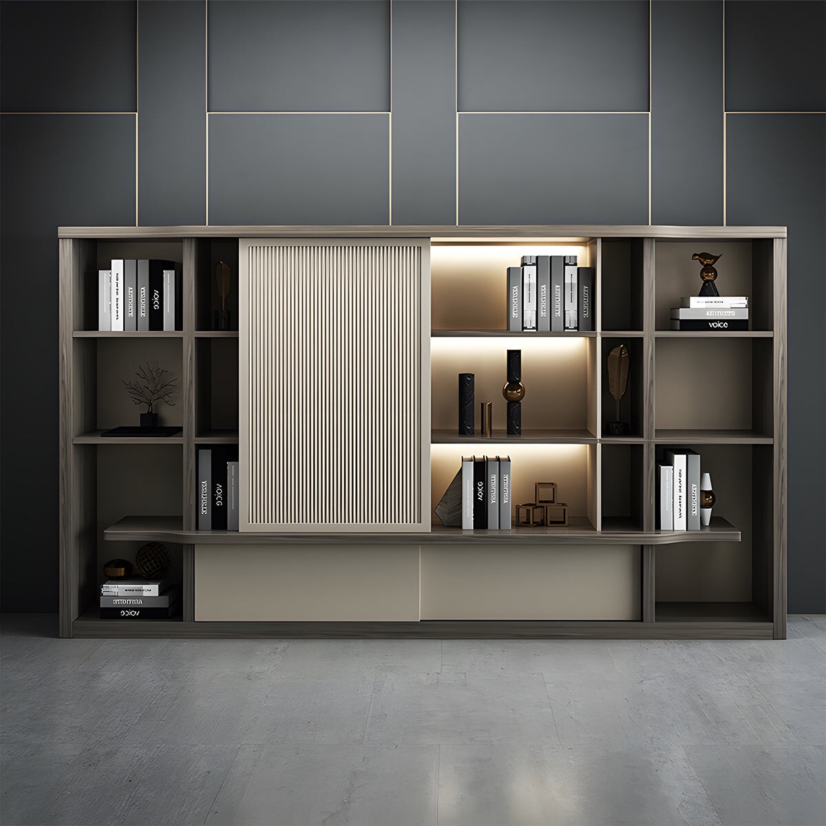 役員用キャビネット 高級感 オフィスキャビネット ファイリングキャビネット 木製書庫 書類整理棚 メラミン化粧板 ルーバー風引き戸 分類収納 重厚感 ハイグレード感 ブラウン SC-A14