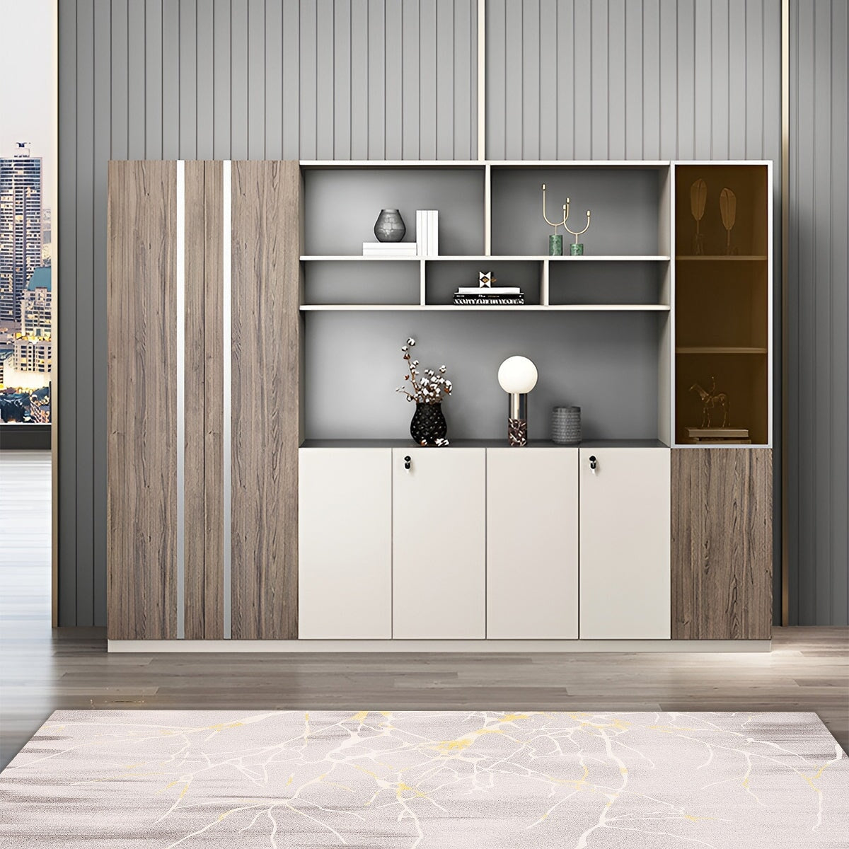 オフィスキャビネット ディスプレイラック 書類整理棚 収納ラック 扉付き ワードローブ オープン収納 鍵付き おしゃれ ウォールナット カスタマイズ可能 SC-A19