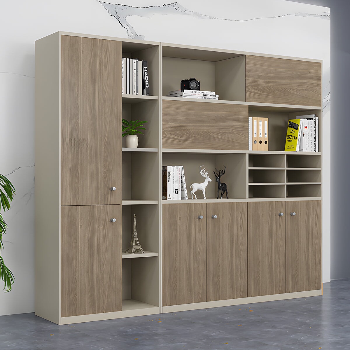 大容量収納棚 オフィスキャビネット ファイリングキャビネット 木製書庫 書類整理棚 分類収納 収納力抜群 メラミン化粧板 ハンガーパイプ 台輪付き ブラウン カスタマイズ可能 SC-A4