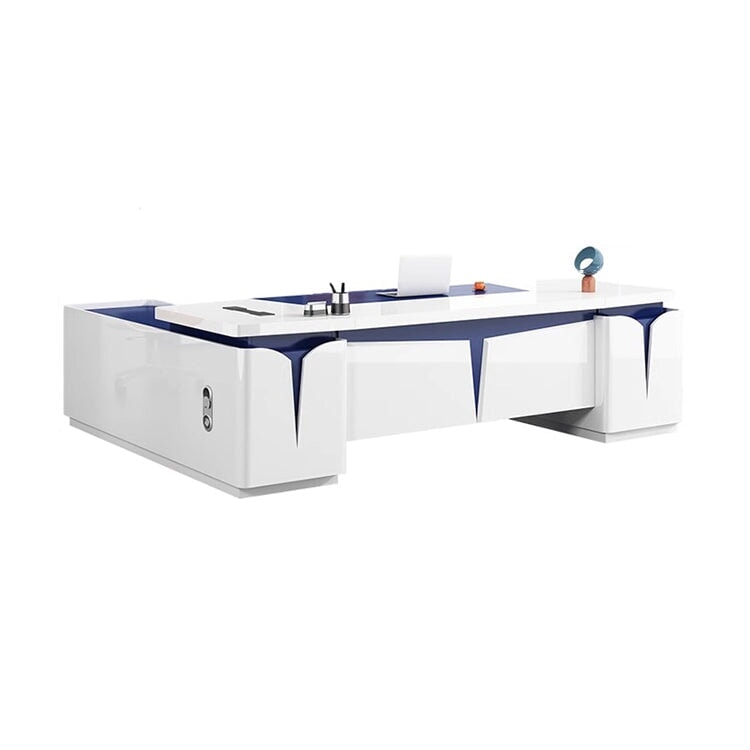 Desk, executive work desk, executive desk, for work, mirror finish, eco-friendly board, wide top, thickness, side cabinet, built-in outlet, cooling fan, sophisticated, stylish, customizable ED-A16