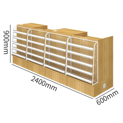 Counter with display shelf, reception desk, cash register, product display, for stores, HDF, long-lasting, improves space utilization, L-shaped top, drawer, with lock, cylinder lock, natural, customizable, RD-A9