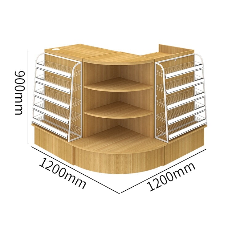 Counter with display shelf, reception desk, cash register, product display, for stores, HDF, long-lasting, improves space utilization, L-shaped top, drawer, with lock, cylinder lock, natural, customizable, RD-A9