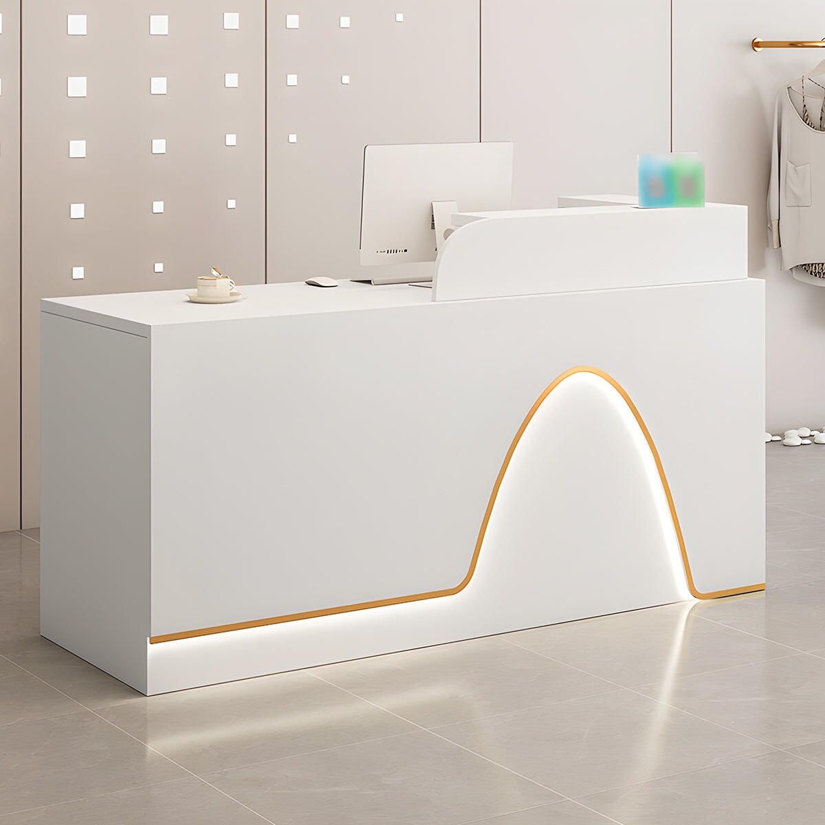 Reception counter for stores, cash register counter, entrance reception, LED, wiring hole, melamine laminate, stylish, elegant, customizable, RD-A3