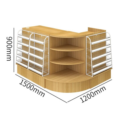 Counter with display shelf, reception desk, cash register, product display, for stores, HDF, long-lasting, improves space utilization, L-shaped top, drawer, with lock, cylinder lock, natural, customizable, RD-A9