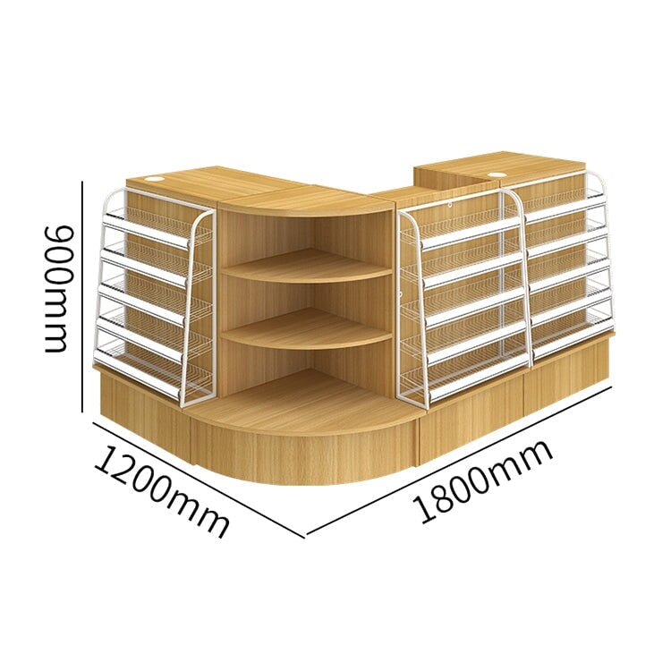 Counter with display shelf, reception desk, cash register, product display, for stores, HDF, long-lasting, improves space utilization, L-shaped top, drawer, with lock, cylinder lock, natural, customizable, RD-A9