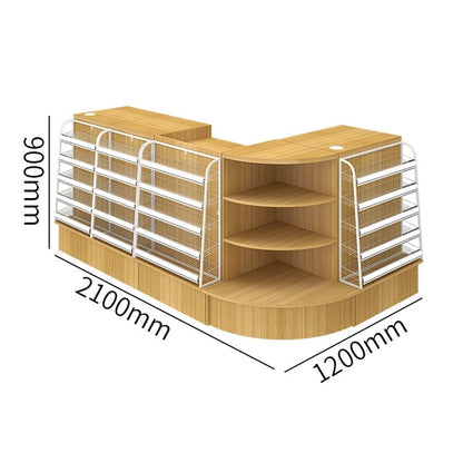 Counter with display shelf, reception desk, cash register, product display, for stores, HDF, long-lasting, improves space utilization, L-shaped top, drawer, with lock, cylinder lock, natural, customizable, RD-A9