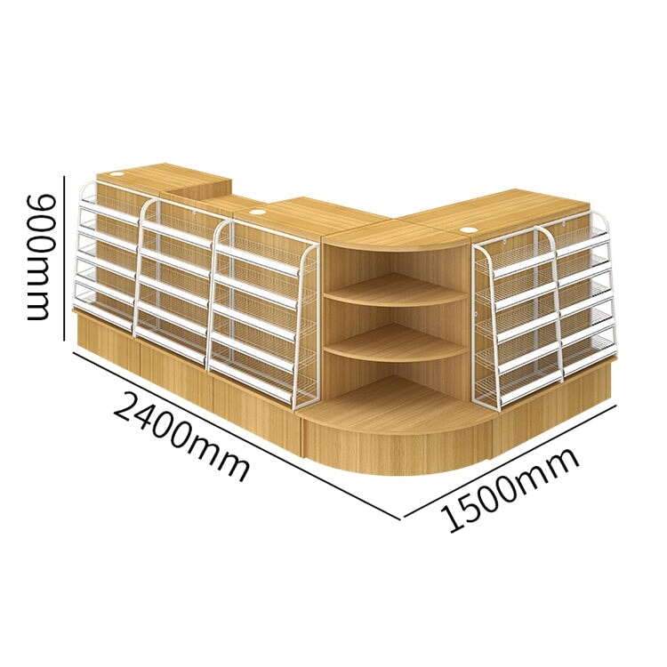 Counter with display shelf, reception desk, cash register, product display, for stores, HDF, long-lasting, improves space utilization, L-shaped top, drawer, with lock, cylinder lock, natural, customizable, RD-A9