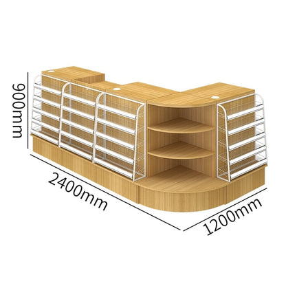 Counter with display shelf, reception desk, cash register, product display, for stores, HDF, long-lasting, improves space utilization, L-shaped top, drawer, with lock, cylinder lock, natural, customizable, RD-A9