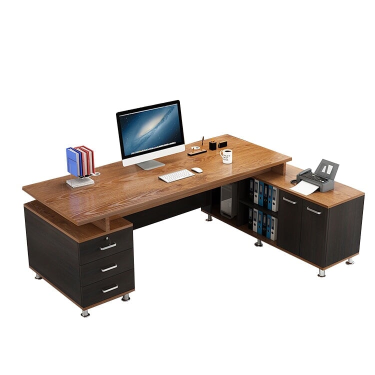 Work Desk, Office Desk, Executive Desk, L-Shaped Desk, Wood Grain, Large Capacity Storage, Cabinet Included, Skirt Panel Included, Lock Included, Black, Customizable LBZ-M-082 