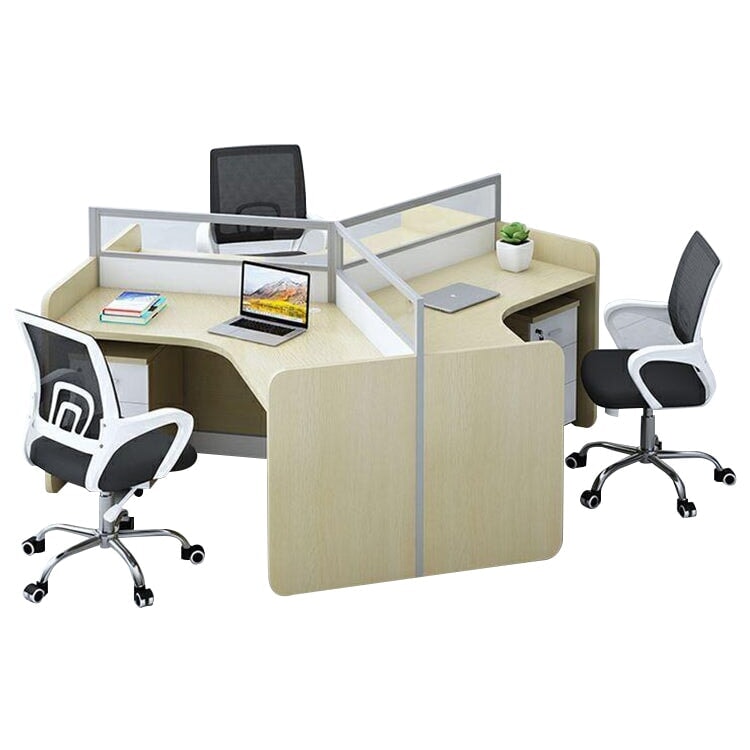 Stylish office desk, suitable for multiple people, V-shaped top, with partition, melamine laminate, aluminum alloy frame, wiring hole, maple white, customizable OD-A3