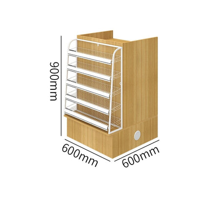 Counter with display shelf, reception desk, cash register, product display, for stores, HDF, long-lasting, improves space utilization, L-shaped top, drawer, with lock, cylinder lock, natural, customizable, RD-A9