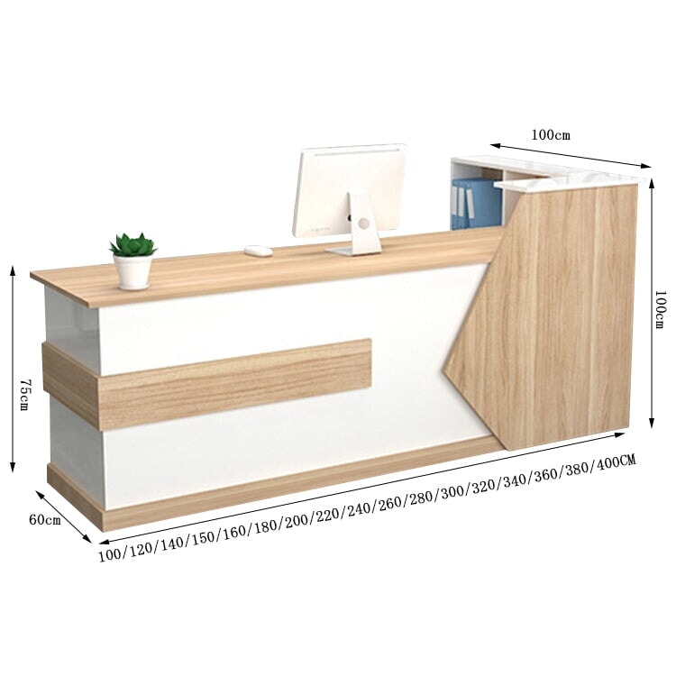 Customer service counter table, reception desk, cash register, natural taste, two-tone design, corner cabinet, melamine laminate, cylinder lock, lock included, white, customizable, RD-A5