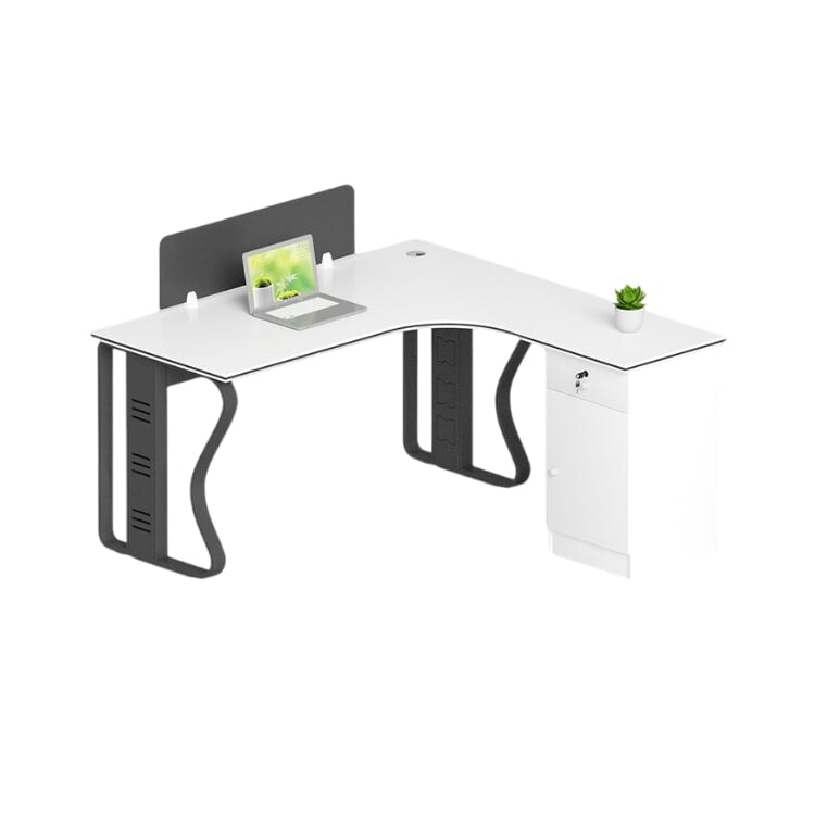 L-shaped desk for office, simple and modern, suitable for multiple people, steel legs, L-shaped legs, side cabinet, lock, cylinder lock, wiring duct, baked finish, white, customizable, OD-A2