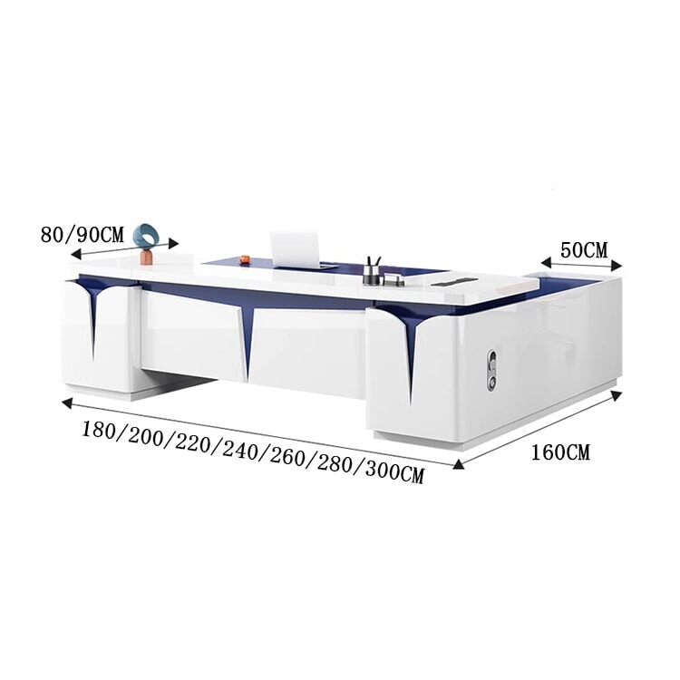 Desk, executive work desk, executive desk, for work, mirror finish, eco-friendly board, wide top, thickness, side cabinet, built-in outlet, cooling fan, sophisticated, stylish, customizable ED-A16 