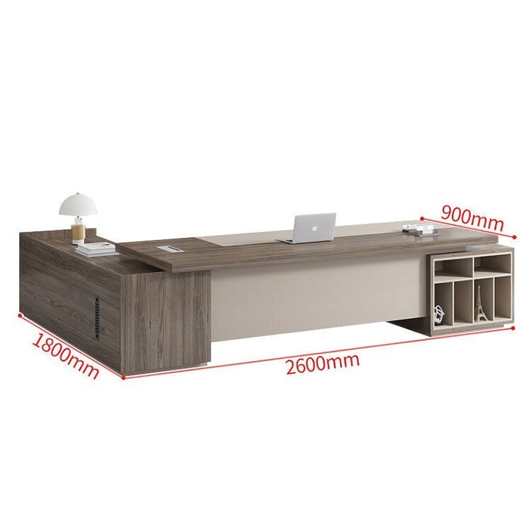 Office Desk, Luxurious, Executive Desk, President Desk, Side Cabinet, Melamine Veneer, PVC Edge Band, Wiring Box, PC Vent, Brown, ED-A18