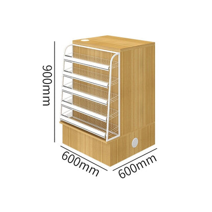 Counter with display shelf, reception desk, cash register, product display, for stores, HDF, long-lasting, improves space utilization, L-shaped top, drawer, with lock, cylinder lock, natural, customizable, RD-A9