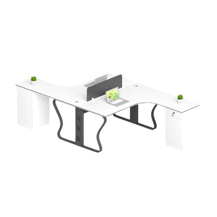L-shaped desk for office, simple and modern, suitable for multiple people, steel legs, L-shaped legs, side cabinet, lock, cylinder lock, wiring duct, baked finish, white, customizable, OD-A2
