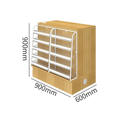 Counter with display shelf, reception desk, cash register, product display, for stores, HDF, long-lasting, improves space utilization, L-shaped top, drawer, with lock, cylinder lock, natural, customizable, RD-A9