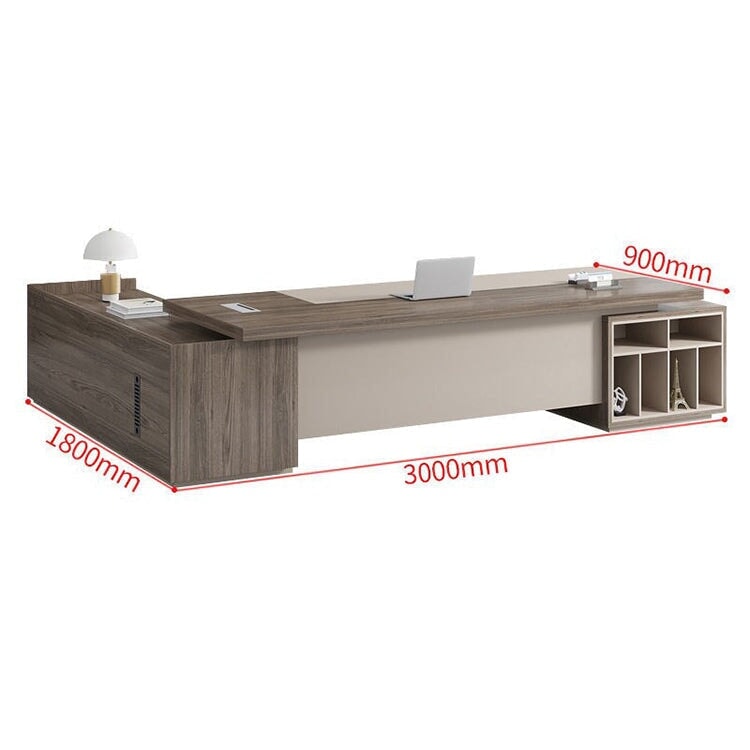 Office Desk, Luxurious, Executive Desk, President Desk, Side Cabinet, Melamine Veneer, PVC Edge Band, Wiring Box, PC Vent, Brown, ED-A18