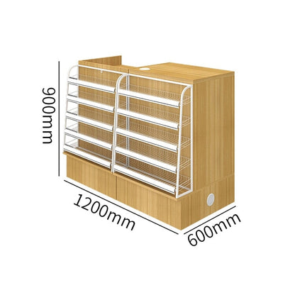 Counter with display shelf, reception desk, cash register, product display, for stores, HDF, long-lasting, improves space utilization, L-shaped top, drawer, with lock, cylinder lock, natural, customizable, RD-A9