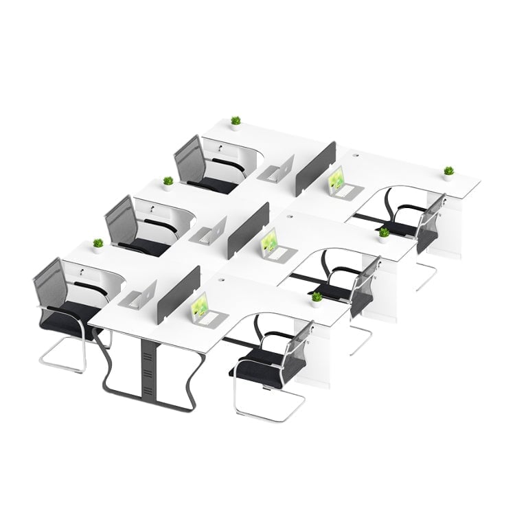L-shaped desk for office, simple and modern, suitable for multiple people, steel legs, L-shaped legs, side cabinet, lock, cylinder lock, wiring duct, baked finish, white, customizable, OD-A2