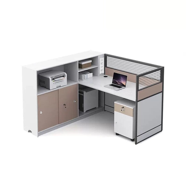 L-shaped desk office simple design melamine laminate wireless charger desktop partition side cabinet simple design white customizable OD-A1