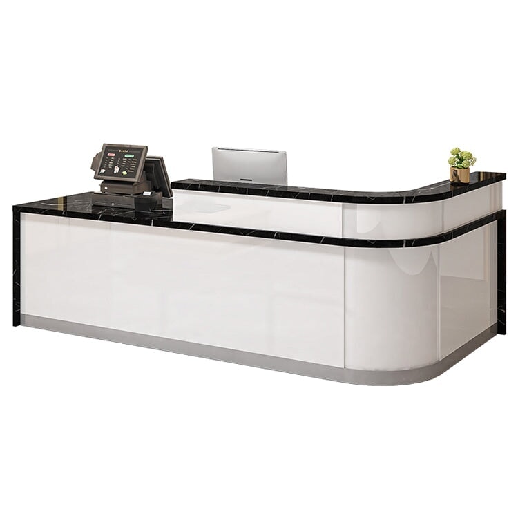 Reception counter, high counter, stone finish, cylinder lock, with drawer, with keyboard tray, R finish, white, customizable RD-A56 