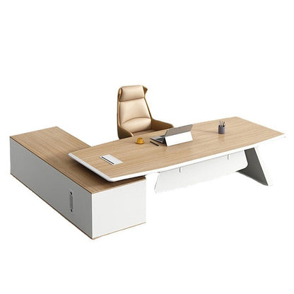 Executive desk, work desk, office desk, president's desk, boat-shaped top, wiring box, combination lock, storage with door, PC storage, simple, natural LBZ-M-089 