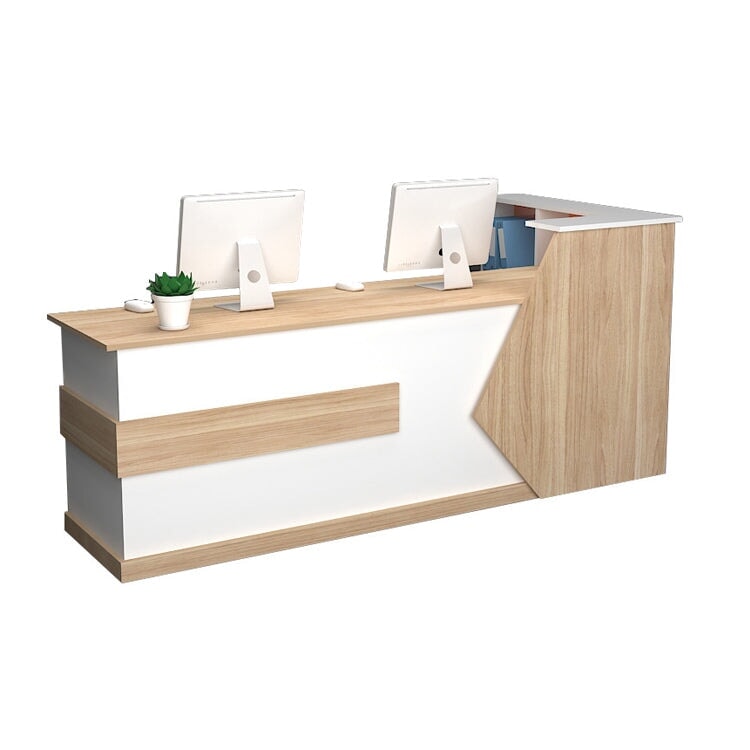 Customer service counter table, reception desk, cash register, natural taste, two-tone design, corner cabinet, melamine laminate, cylinder lock, lock included, white, customizable, RD-A5